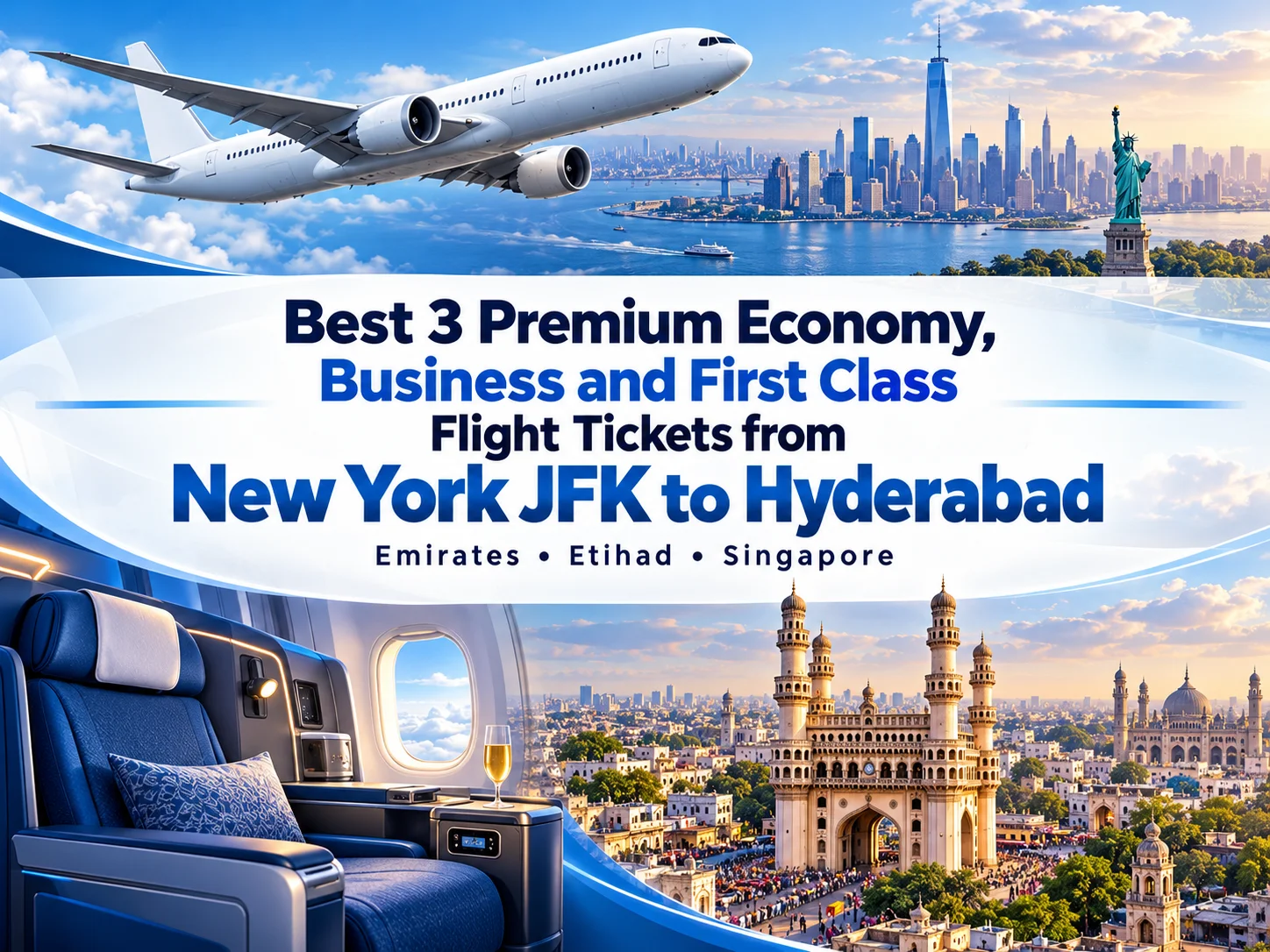 Best 3 Premium Economy, Business and First Class Airlines Flight Tickets from New York JFK to Hyderabad HYD
