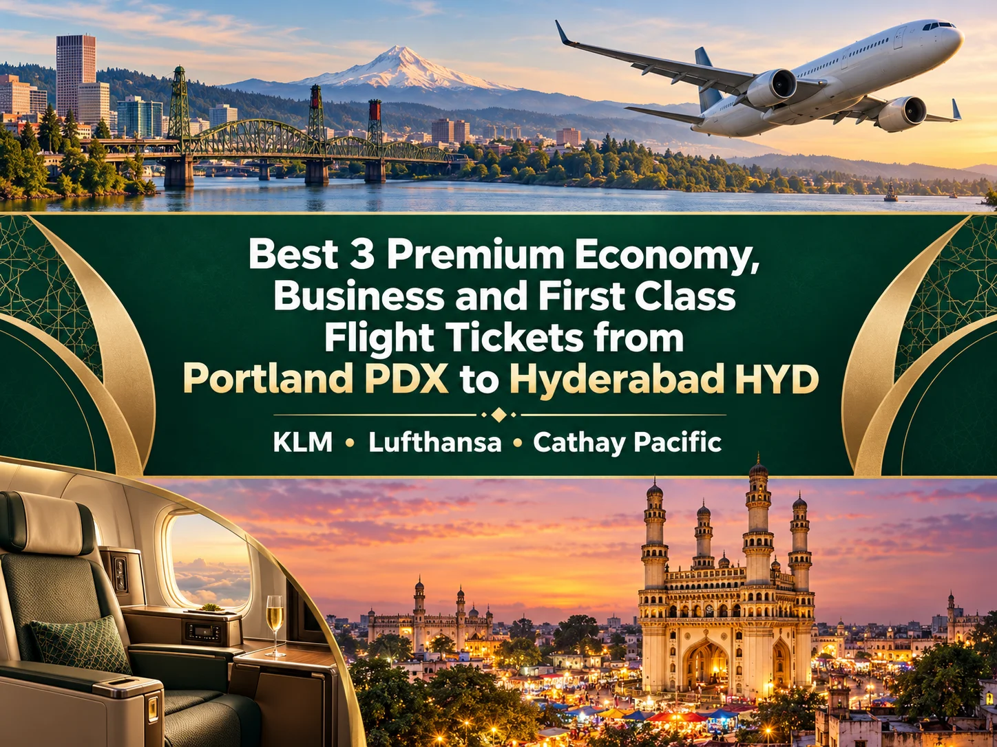Best 3 Premium Economy, Business and First Class Airlines Flight Tickets from Portland PDX to Hyderabad HYD