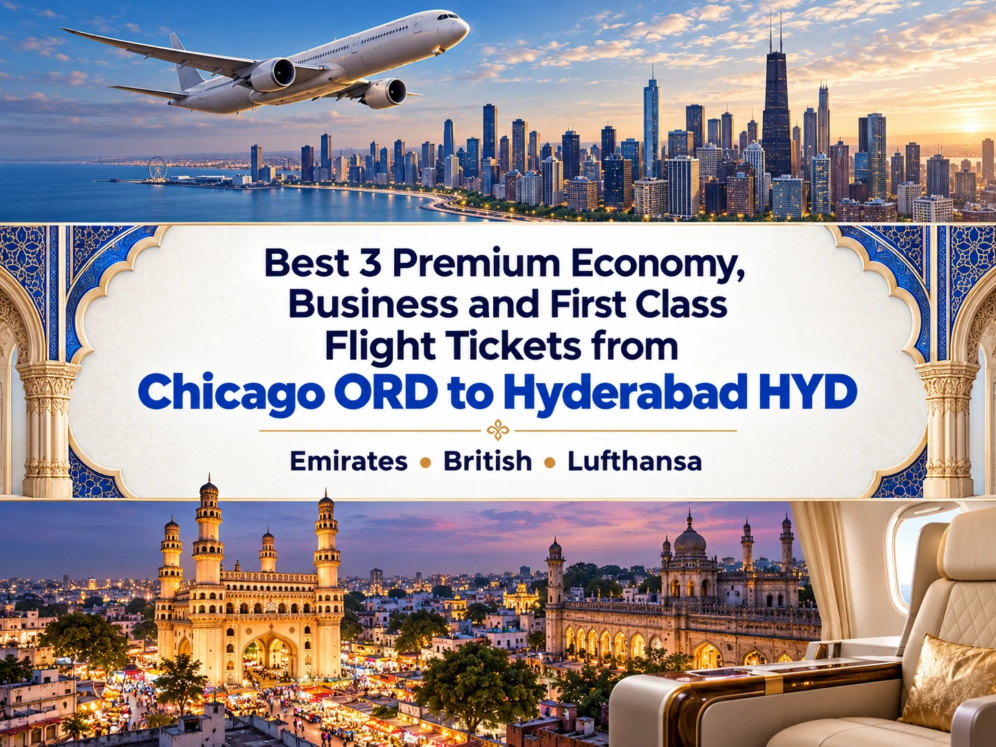 Best 3 Premium Economy, Business and First Class Airlines Flight Tickets from Chicago ORD to Hyderabad HYD