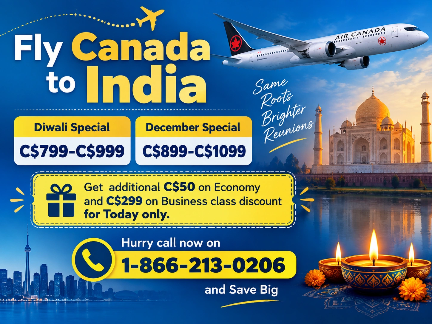 Canada to India flight offer — call 1-866-213-0206